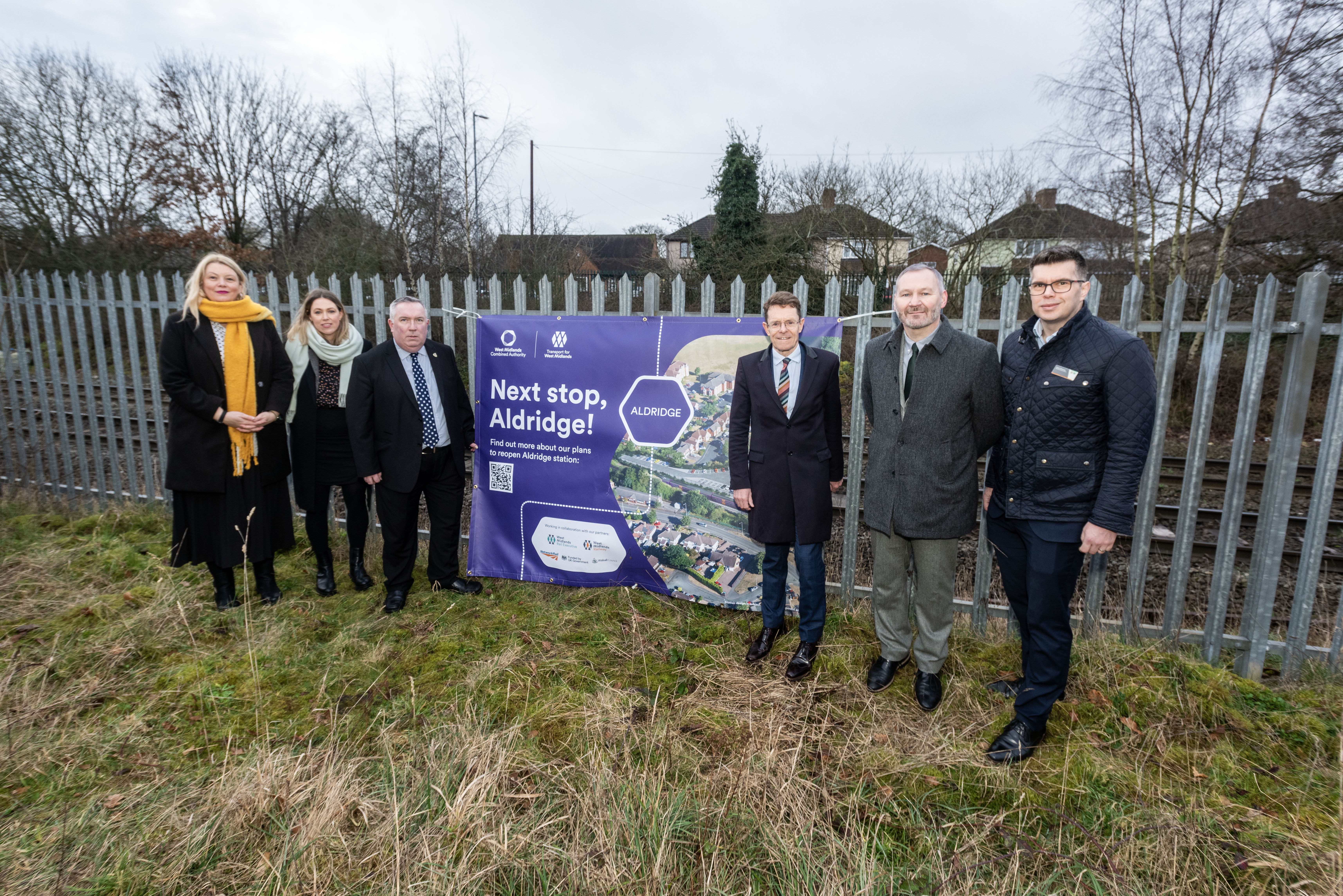 From left: Jo Shore, TfWM, Kate Trevorrow (WMRE), Cllr Adrian Andrew (Walsall Council), Andy Street Mayor of the West Midlands, Mal Drury-Rose (WMRE/TfWM), and Jonny Wiseman (West Midlands Trains)